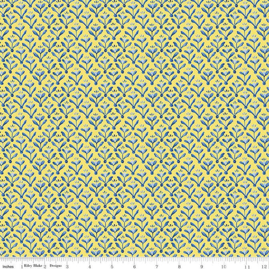 Sunshine & Dewdrops Yellow Leaf Damask Fabric - Riley Blake C11974, Yellow and Blue Leaf Blender Fabric By the Yard