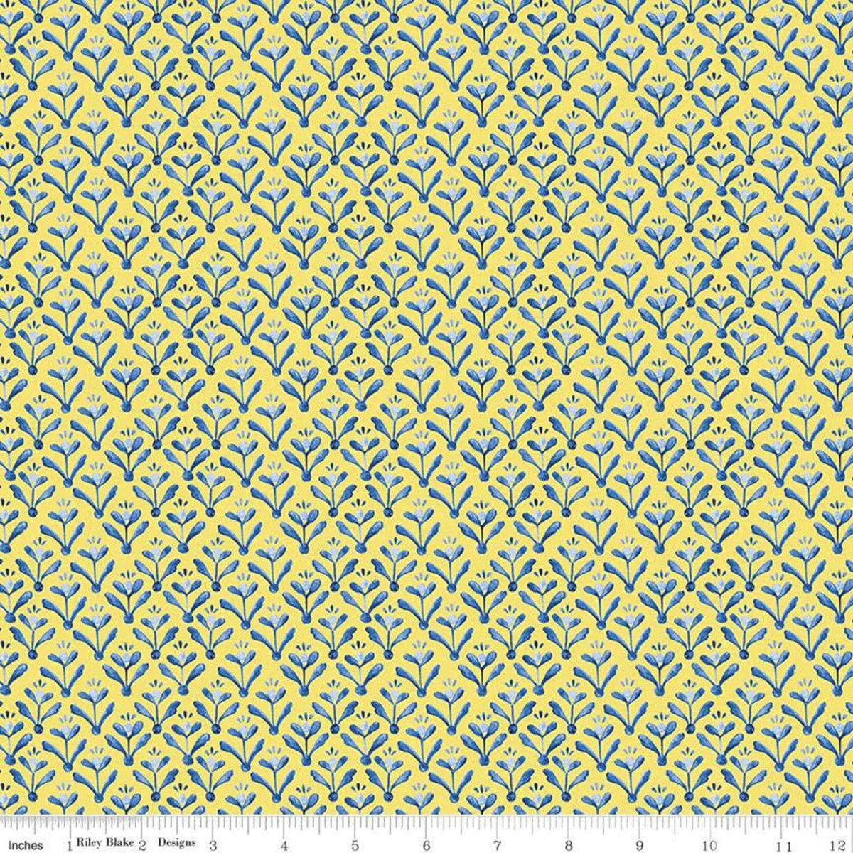 Sunshine & Dewdrops Yellow Leaf Damask Fabric - Riley Blake C11974, Yellow and Blue Leaf Blender Fabric By the Yard