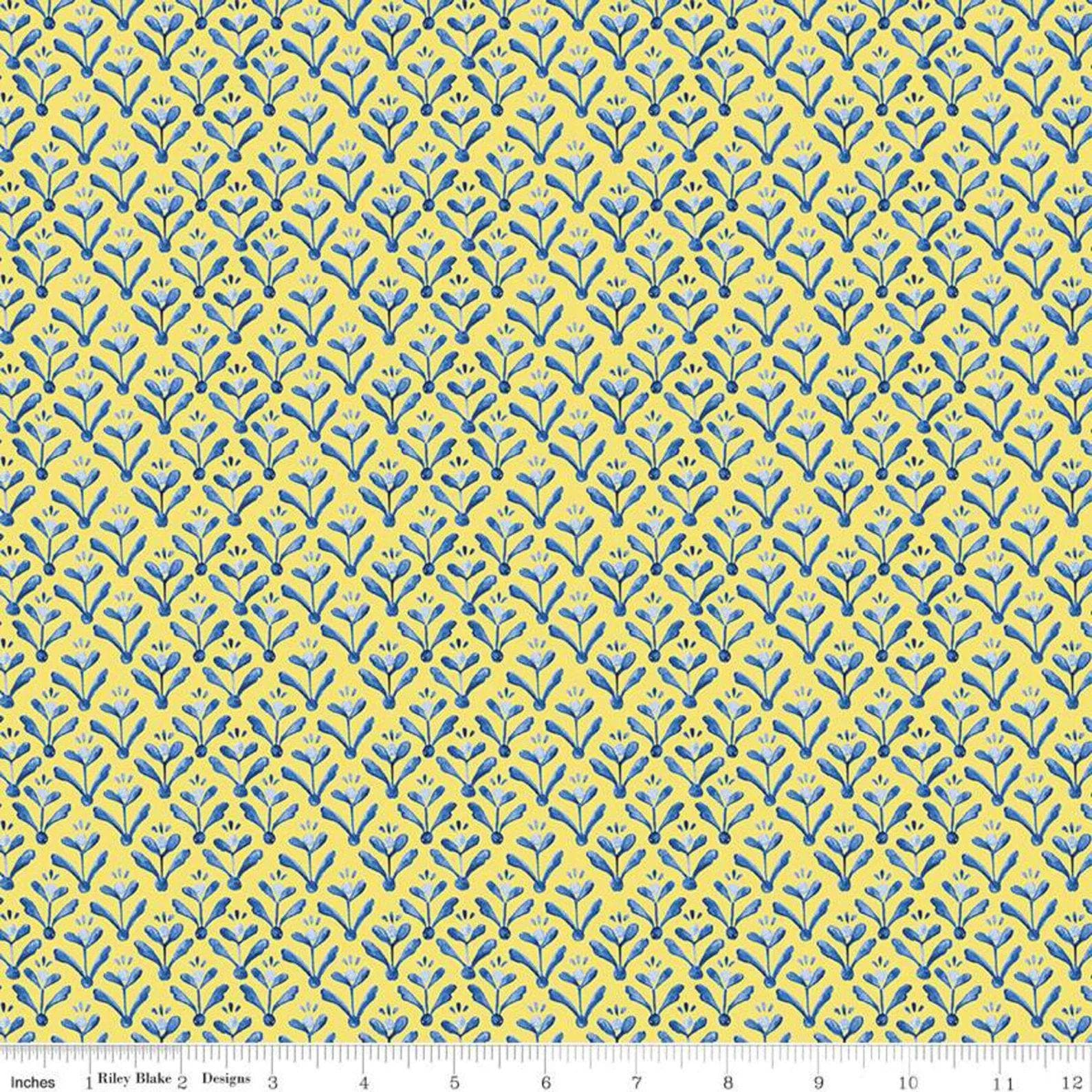 Sunshine & Dewdrops Yellow Leaf Damask Fabric - Riley Blake C11974, Yellow and Blue Leaf Blender Fabric By the Yard
