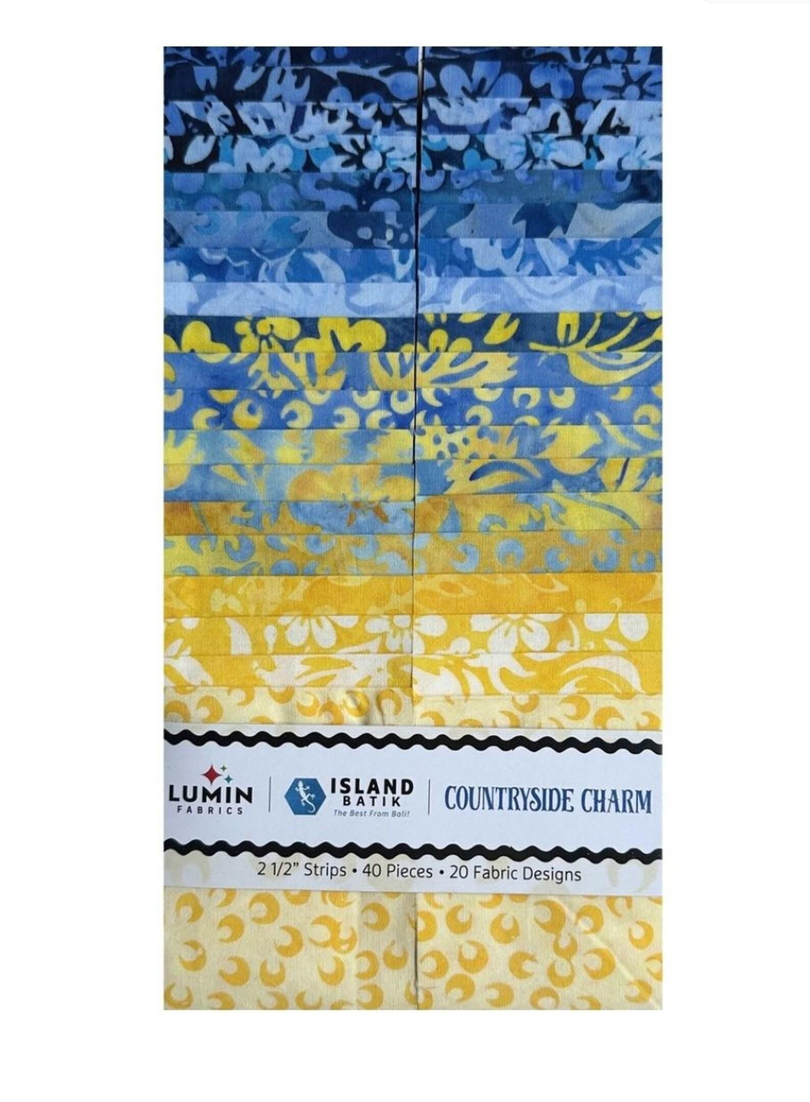 Island Batik Countryside Charm Strip Pack - 40 2 1/2" Pre Cut Fabric Strips, Blue and Yellow Batik Fabric Strips