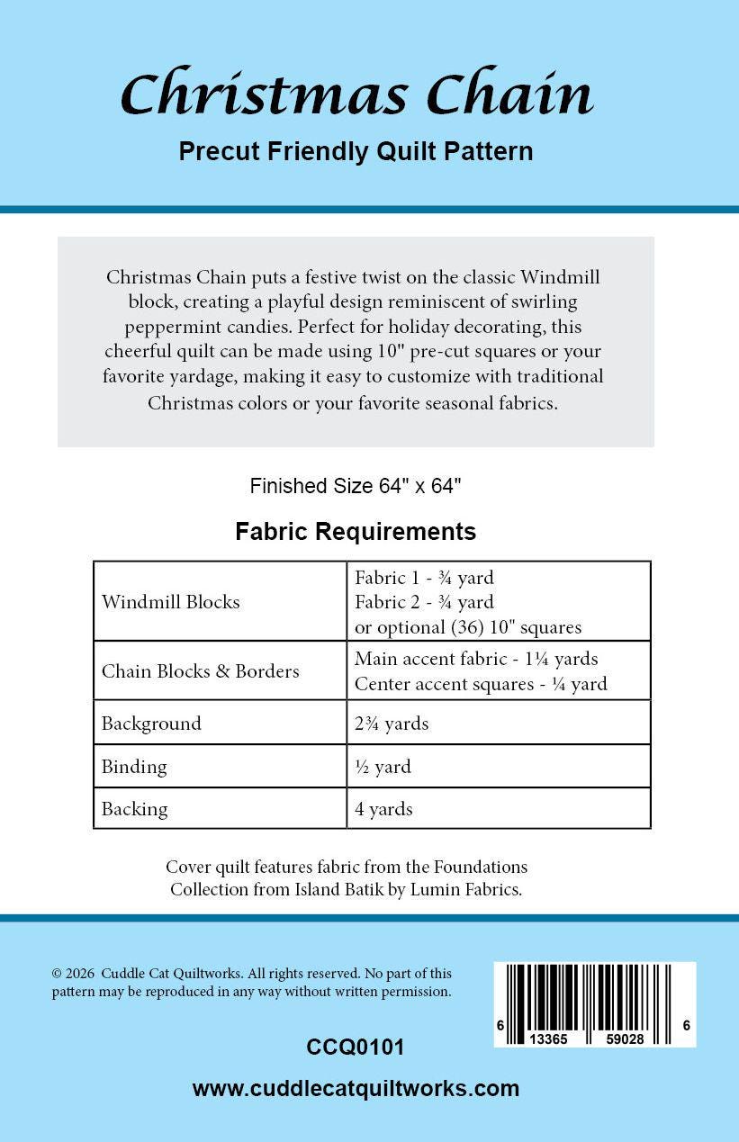 Christmas Chain Quilt Pattern PDF Version - Cuddle Cat Quiltworks CCQ0101, Precut Friendly Windmill Chain Christmas Quilt Pattern,