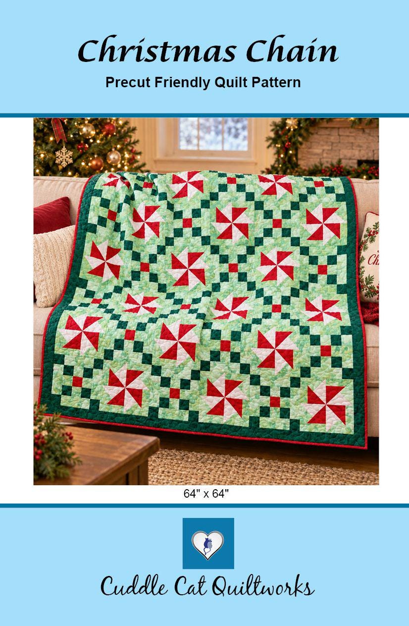 Christmas Chain Quilt Pattern PDF Version - Cuddle Cat Quiltworks CCQ0101, Precut Friendly Windmill Chain Christmas Quilt Pattern,