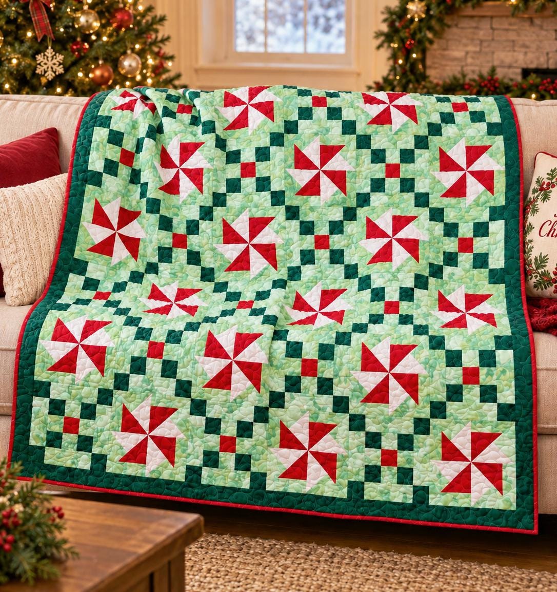 Christmas Chain Quilt Pattern PDF Version - Cuddle Cat Quiltworks CCQ0101, Precut Friendly Windmill Chain Christmas Quilt Pattern,