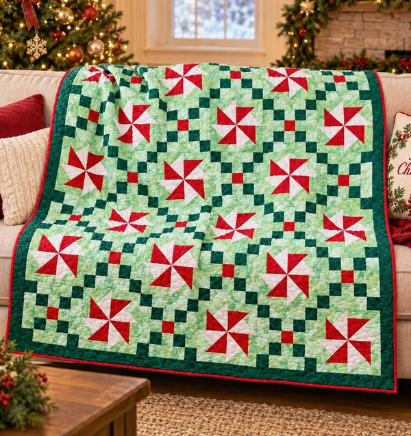 Christmas Chain Quilt Pattern PDF Version - Cuddle Cat Quiltworks CCQ0101, Precut Friendly Windmill Chain Christmas Quilt Pattern,