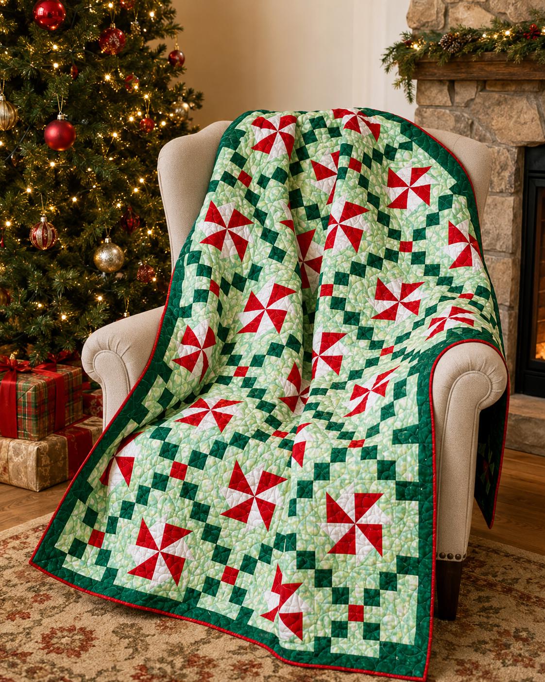 Christmas Chain Quilt Pattern Printed Version - Cuddle Cat Quiltworks CCQ101, Precut Friendly Windmill Chain Christmas Quilt Pattern,