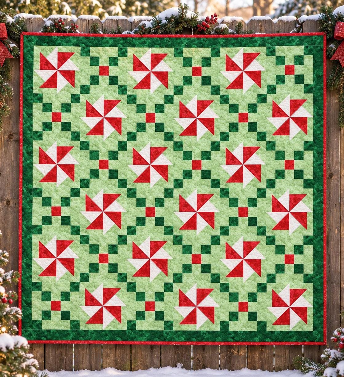 Christmas Chain Quilt Pattern Printed Version - Cuddle Cat Quiltworks CCQ101, Precut Friendly Windmill Chain Christmas Quilt Pattern,