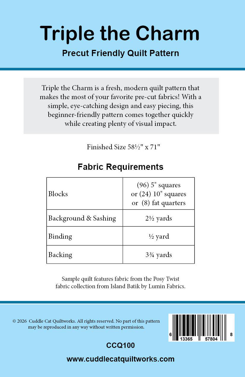 Triple the Charm Quilt Pattern Printed Version - Cuddle Cat Quiltworks CCQ100, Pre-Cut Friendly Quilt Pattern