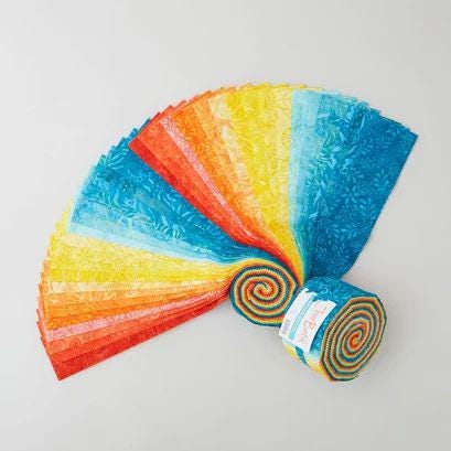Java Batiks Summer Favorites Strip Pack - Maywood Studio - 40 2 1/2" Pre Cut Fabric Strips, Teal Orange Yellow Batik Fabric Strips
