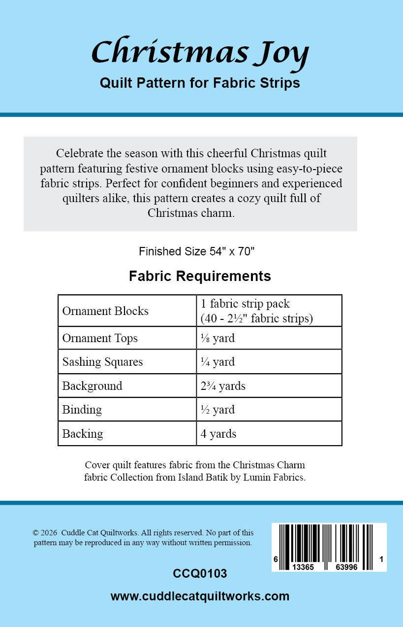Christmas Joy Quilt Pattern PDF Version - Cuddle Cat Quiltworks CCQ0103, Christmas Ornament Quilt Pattern for Fabric Strips