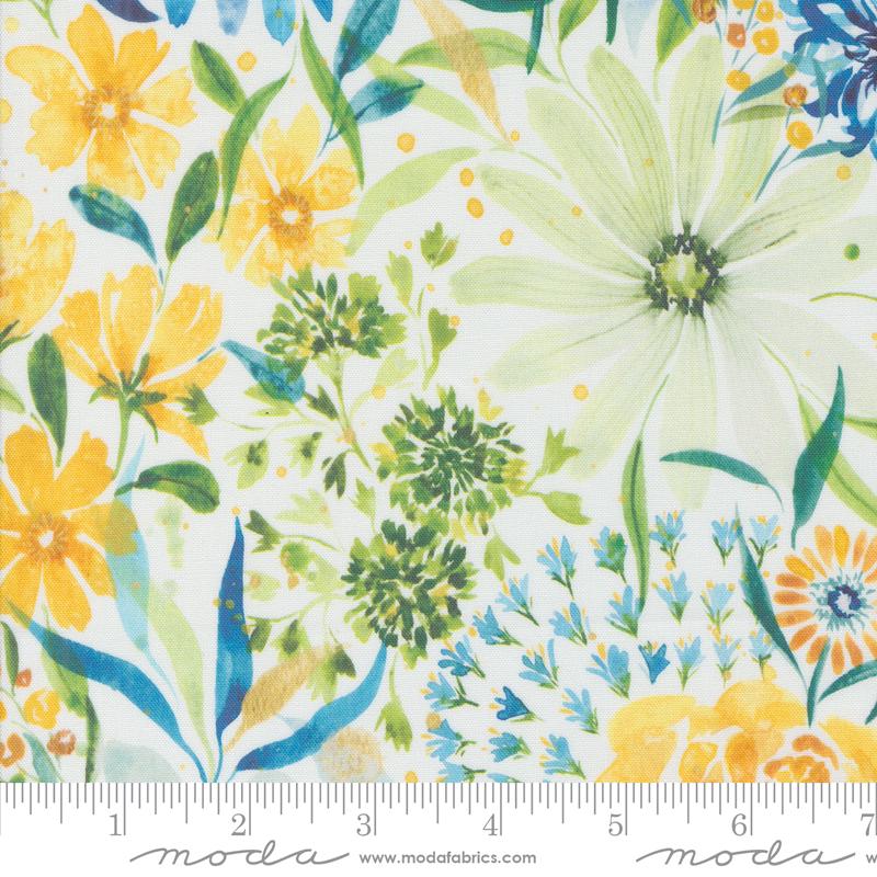 Sunshine and Blue Skies Sunny Days Floral Cloud Watercolor Fabric - Moda 39820-11, Blue and Yellow Floral Watercolor Fabric By the Yard