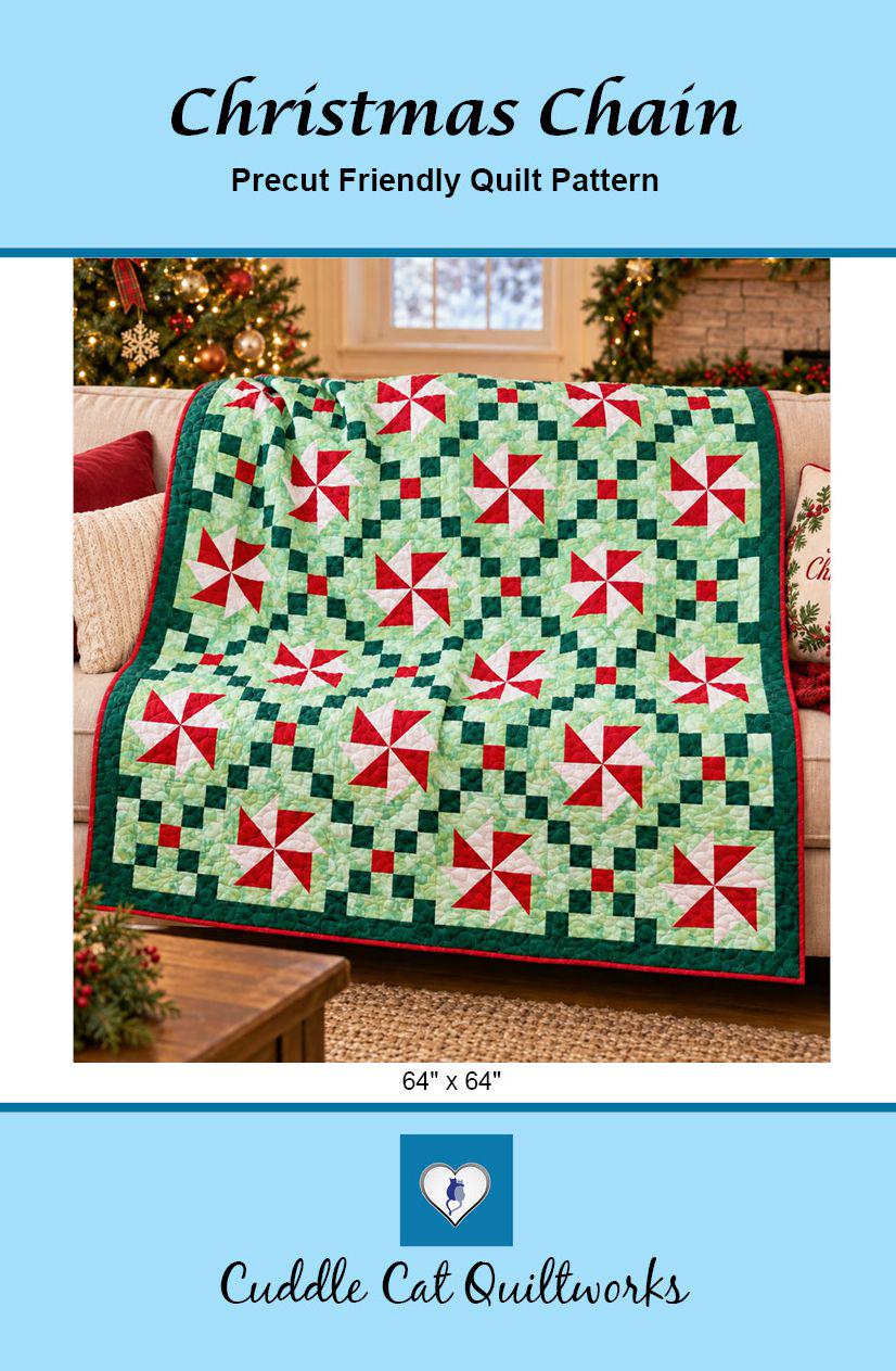 Christmas Chain Quilt Pattern Printed Version - Cuddle Cat Quiltworks CCQ101, Precut Friendly Windmill Chain Christmas Quilt Pattern,