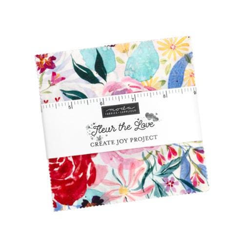 Fleur the Love Charm Pack - Moda 39880PP - 42 5" Squares, Watercolor Floral Fabric Charm Squares, Floral Charm Pack