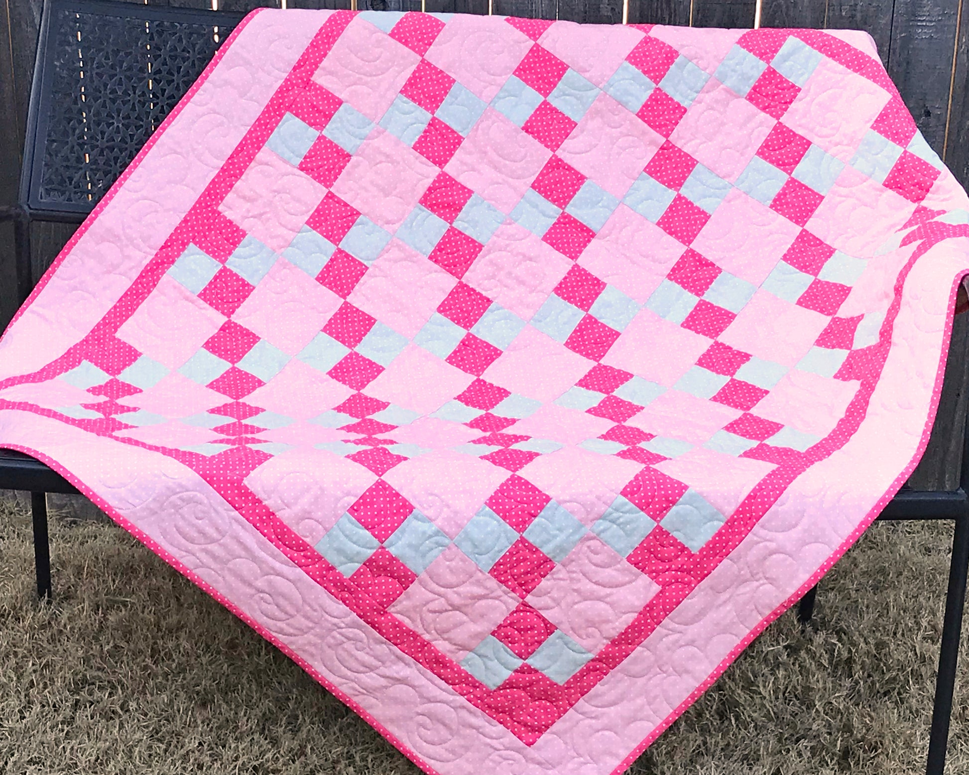 Pink and Gray Double Four Patch Baby or Toddler Quilt - Handmade Quilts, Digital Patterns, and Home Décor items online - Cuddle Cat Quiltworks
