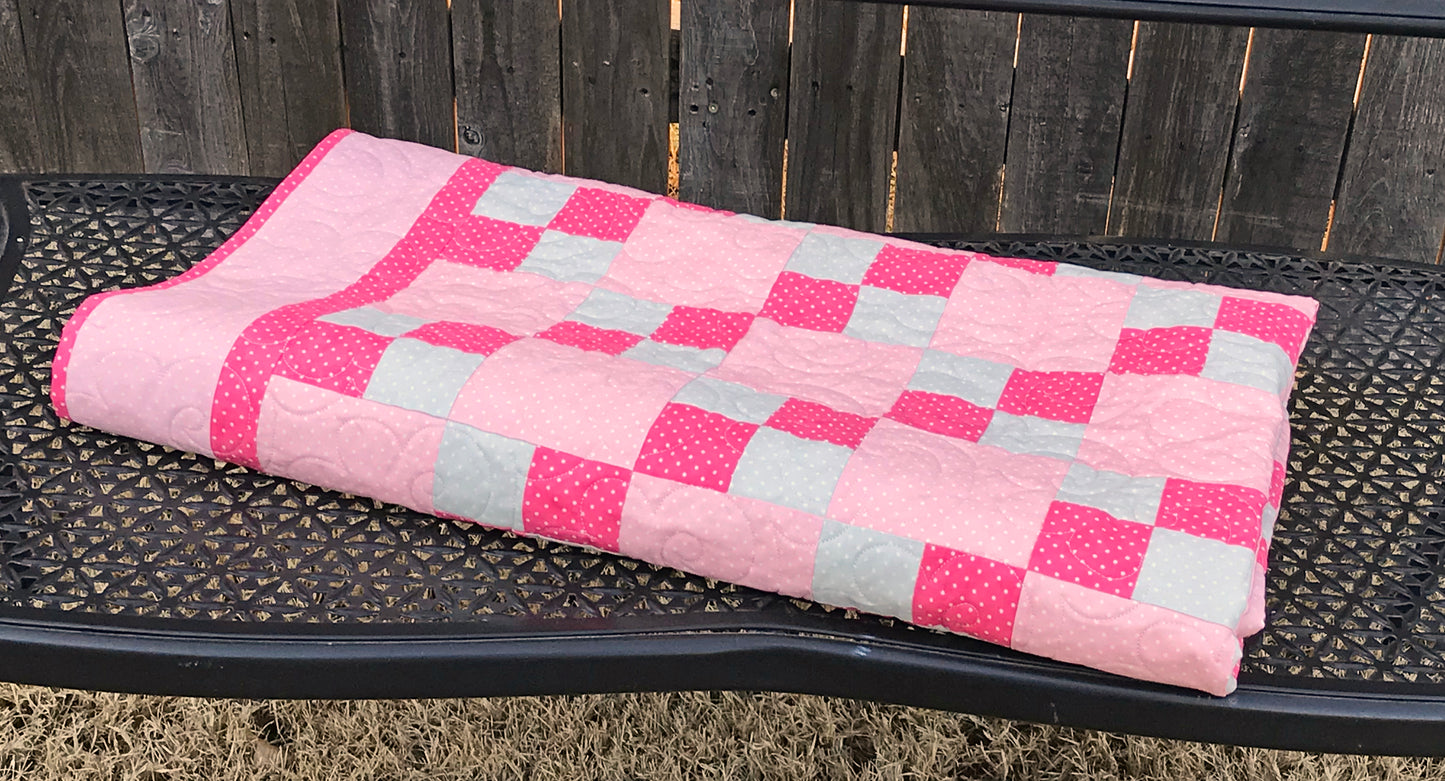 Pink and Gray Double Four Patch Baby or Toddler Quilt - Handmade Quilts, Digital Patterns, and Home Décor items online - Cuddle Cat Quiltworks