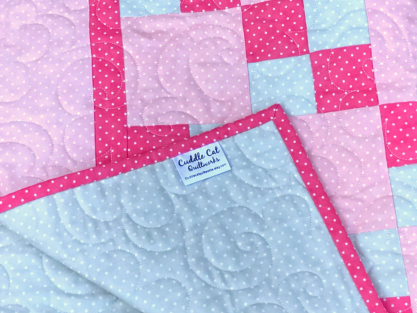 Pink and Gray Double Four Patch Baby or Toddler Quilt - Handmade Quilts, Digital Patterns, and Home Décor items online - Cuddle Cat Quiltworks