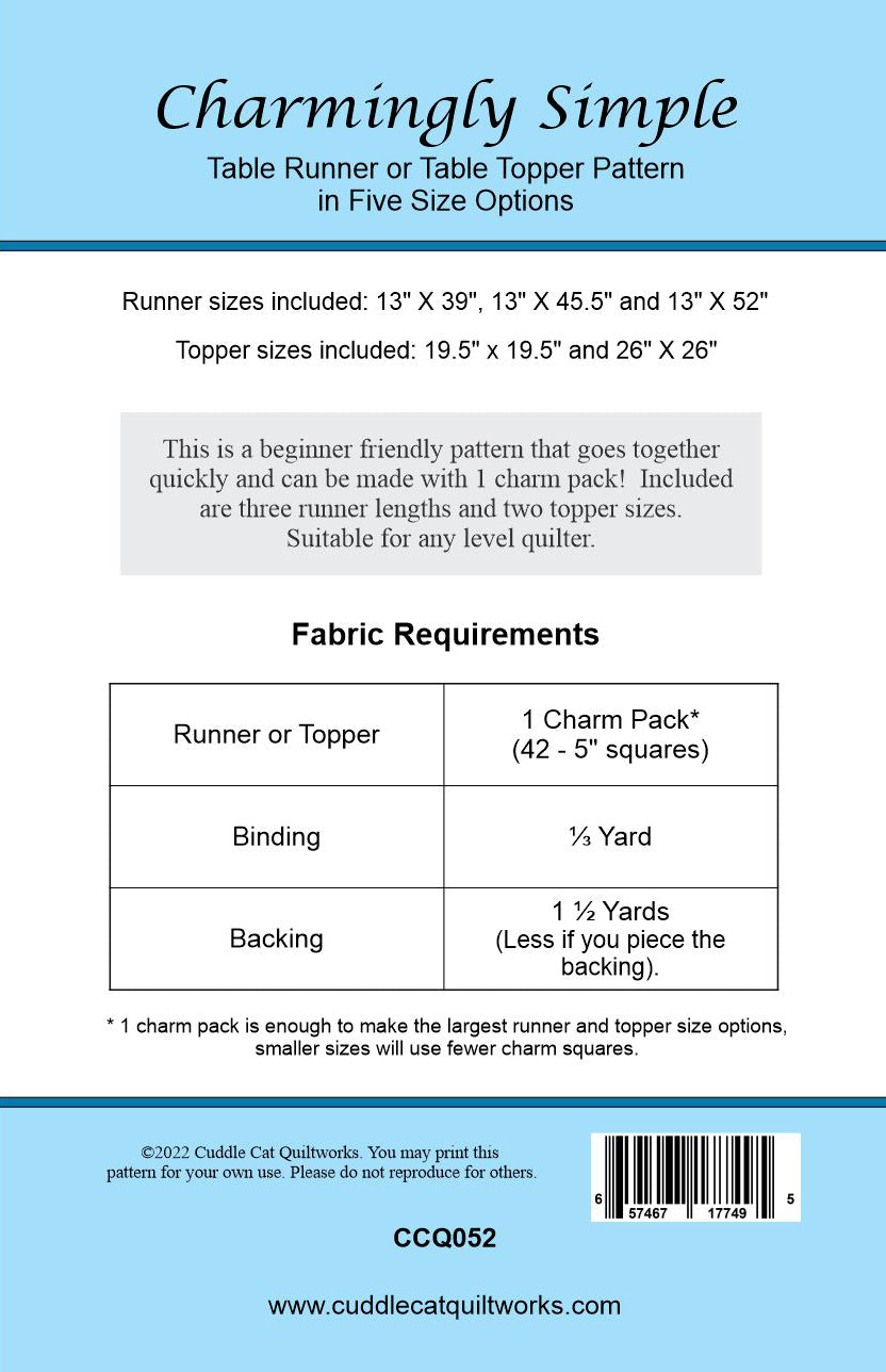 Back cover of Charmingly Simple table runner pattern