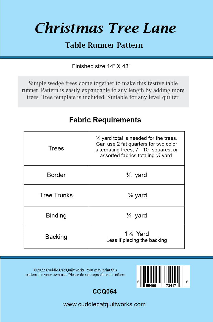 Back cover of Christmas Tree Lane table runner pattern