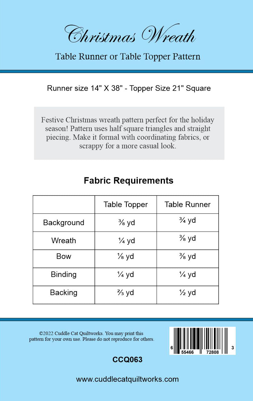 Back cover of Christmas Wreath table runner and topper pattern