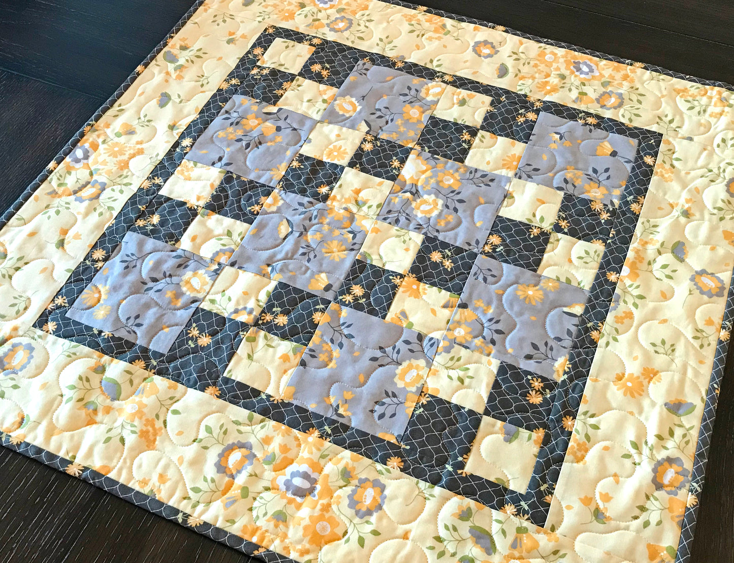 Yellow and Gray Patchwork Table Topper - Handmade Quilts, Digital Patterns, and Home Décor items online - Cuddle Cat Quiltworks