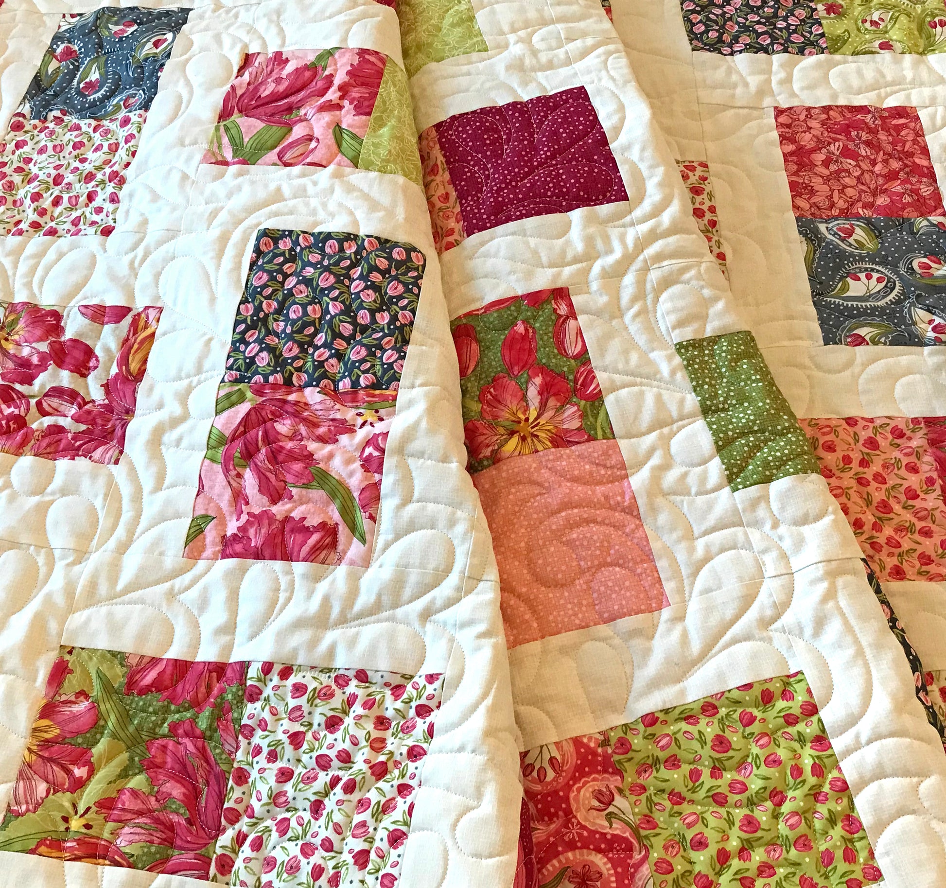 Pink Green and White Floral Patchwork Quilt - Handmade Quilts, Digital Patterns, and Home Décor items online - Cuddle Cat Quiltworks