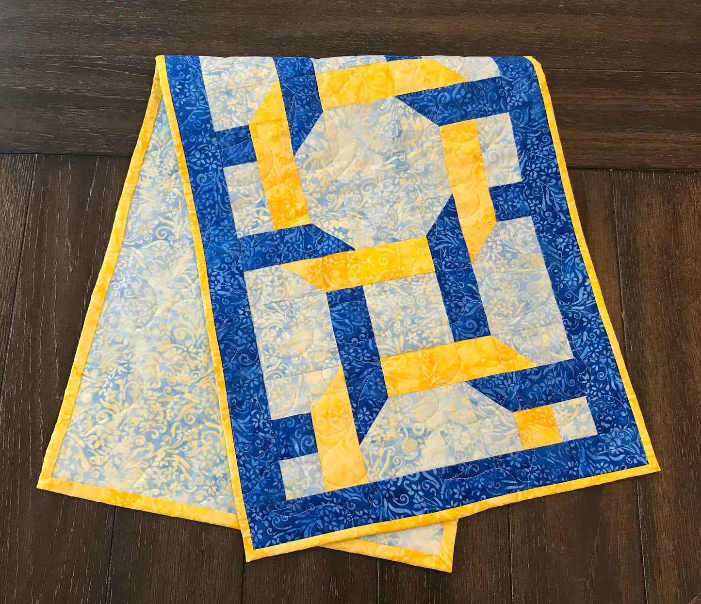 Pattern for blue and yellow table runner with woven corners through three large squares. Woven Squares pattern.