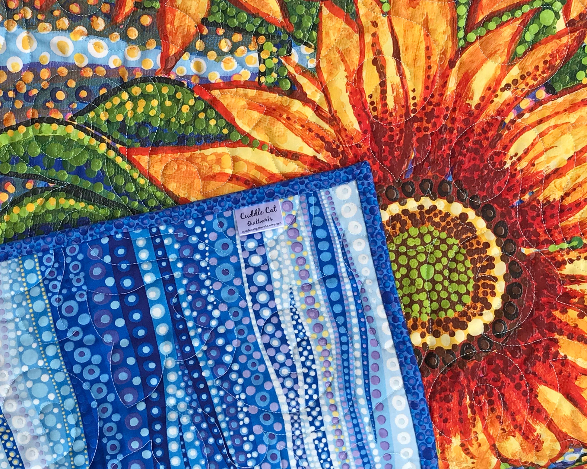 Blue and Gold Sunflower Themed Panel Quilt - Handmade Quilts, Digital Patterns, and Home Décor items online - Cuddle Cat Quiltworks