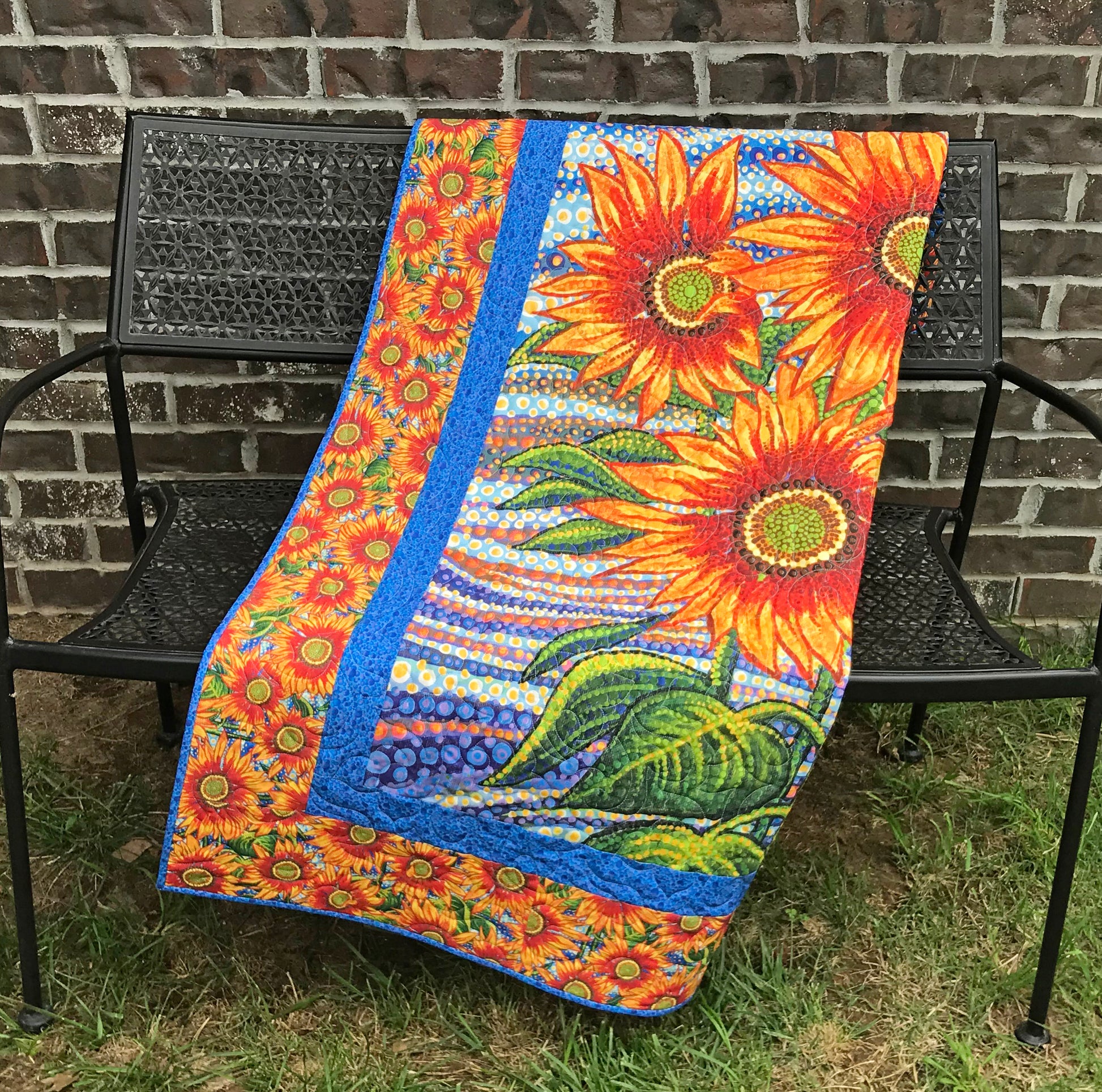 Blue and Gold Sunflower Themed Panel Quilt - Handmade Quilts, Digital Patterns, and Home Décor items online - Cuddle Cat Quiltworks