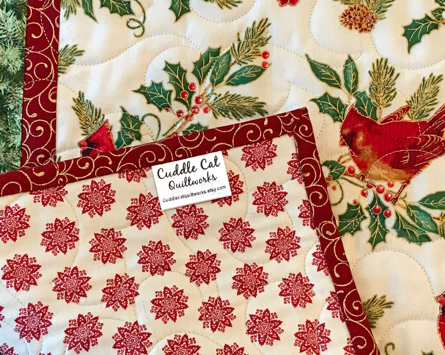 Christmas Cardinal Table Topper - Handmade Quilts, Digital Patterns, and Home Décor items online - Cuddle Cat Quiltworks