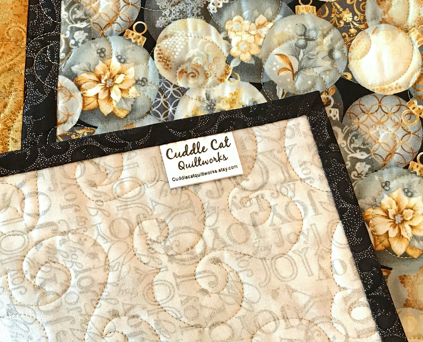 Gold & Silver Christmas Ornament Table Topper - Handmade Quilts, Digital Patterns, and Home Décor items online - Cuddle Cat Quiltworks