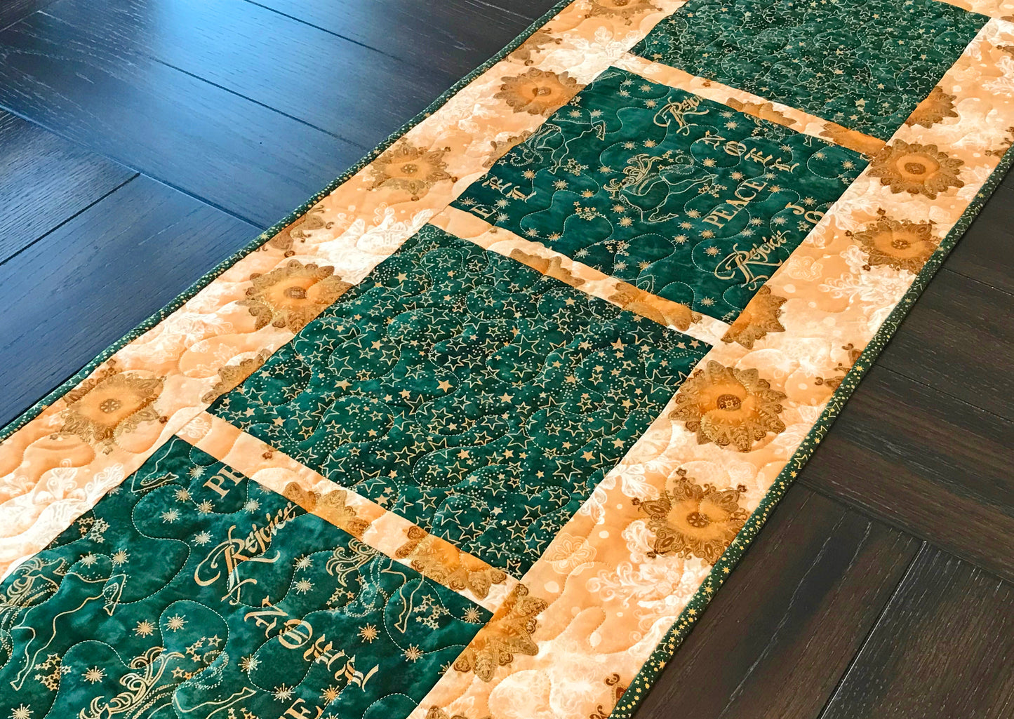 Green & Gold Batik Christmas Table Runner - Handmade Quilts, Digital Patterns, and Home Décor items online - Cuddle Cat Quiltworks