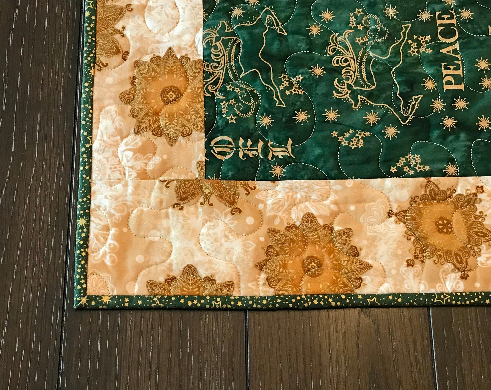 Green & Gold Batik Christmas Table Runner - Handmade Quilts, Digital Patterns, and Home Décor items online - Cuddle Cat Quiltworks