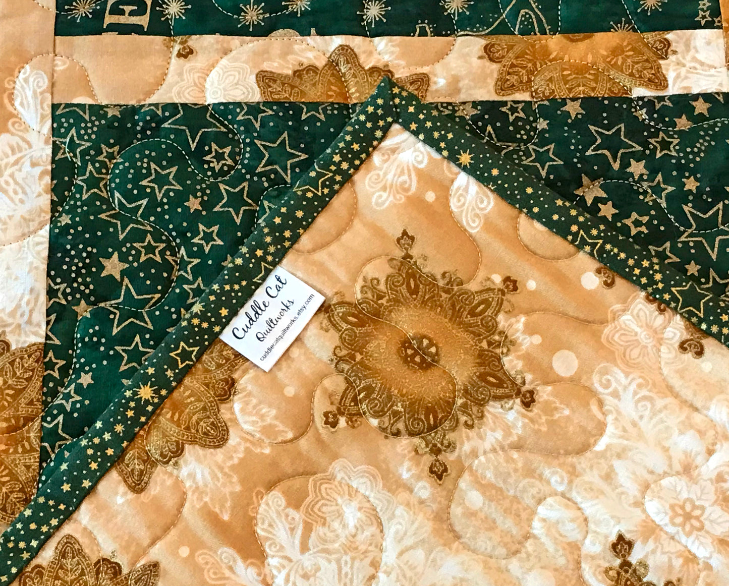 Green & Gold Batik Christmas Table Runner - Handmade Quilts, Digital Patterns, and Home Décor items online - Cuddle Cat Quiltworks