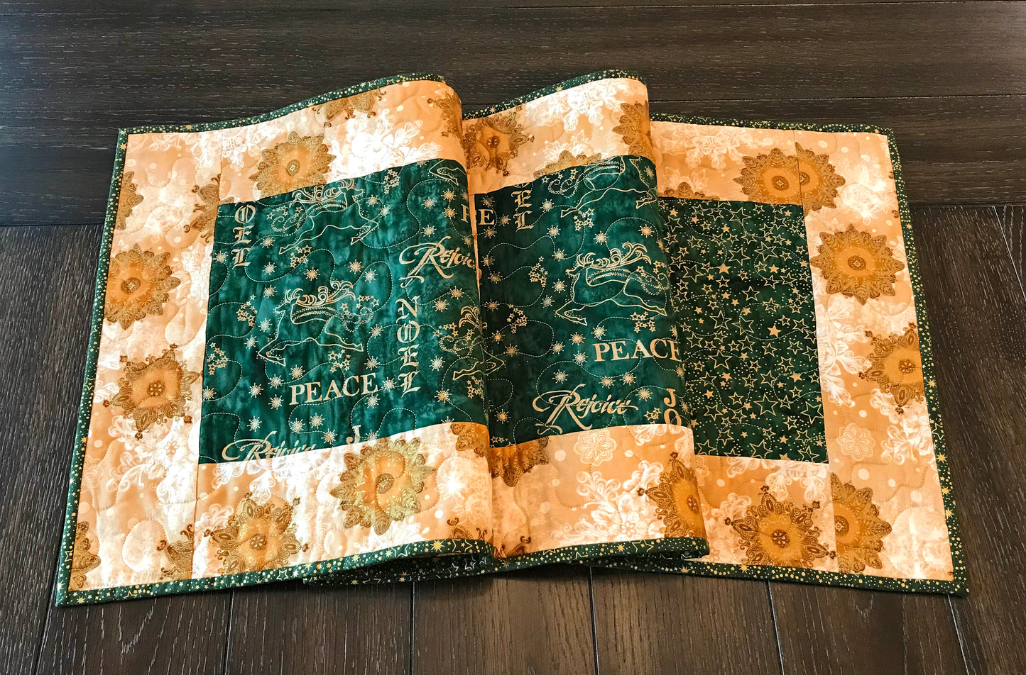 Green & Gold Batik Christmas Table Runner - Handmade Quilts, Digital Patterns, and Home Décor items online - Cuddle Cat Quiltworks