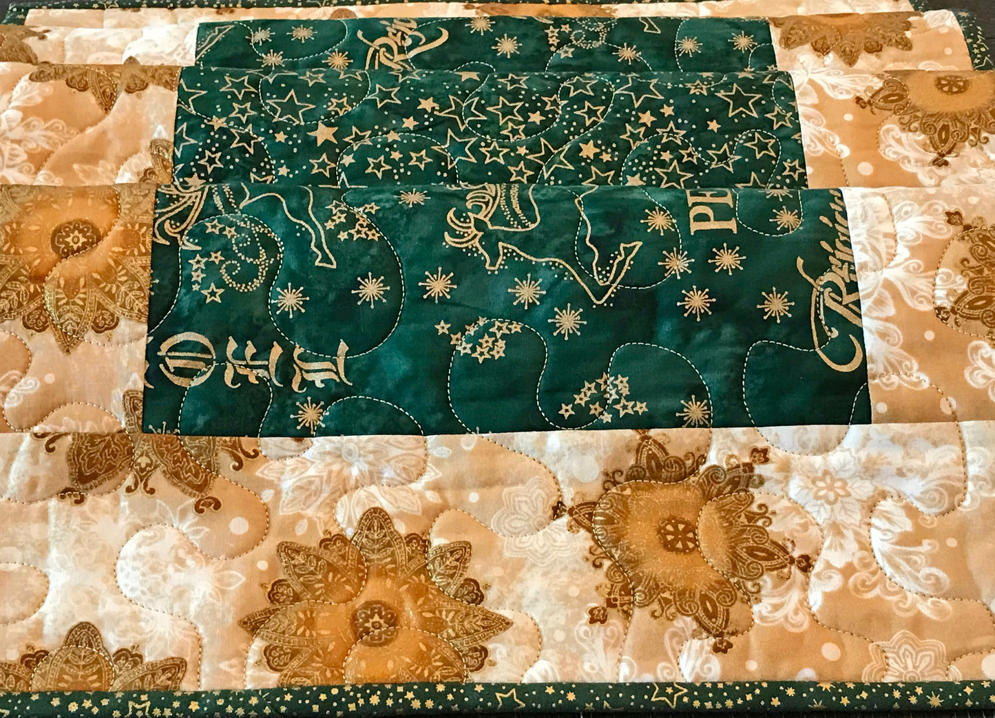 Green & Gold Batik Christmas Table Runner - Handmade Quilts, Digital Patterns, and Home Décor items online - Cuddle Cat Quiltworks