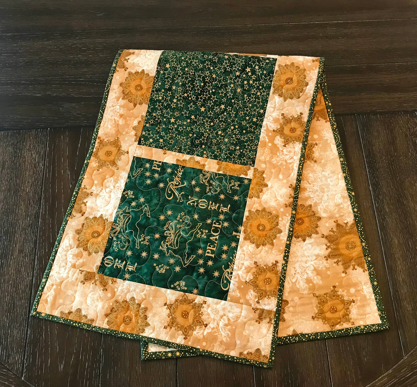 Green & Gold Batik Christmas Table Runner - Handmade Quilts, Digital Patterns, and Home Décor items online - Cuddle Cat Quiltworks