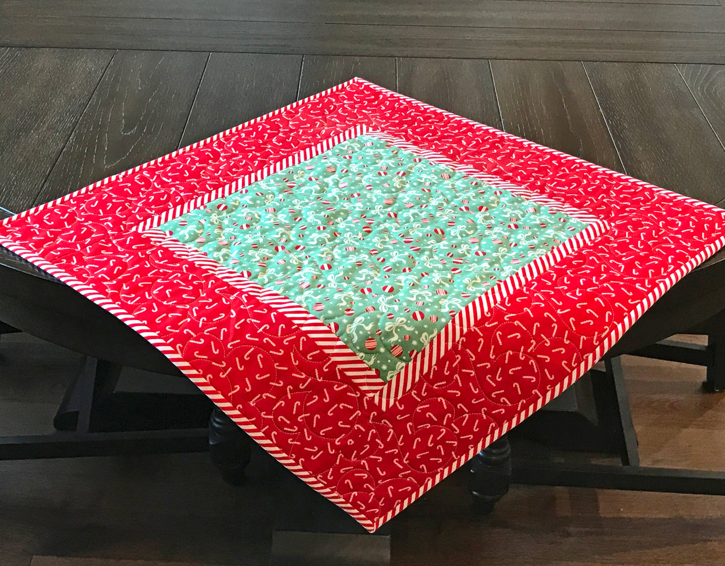 Red and Green Candy Cane Christmas Table Topper with Peppermint Striped Border 20.5" X 20.5" - Handmade Quilts, Digital Patterns, and Home Décor items online - Cuddle Cat Quiltworks