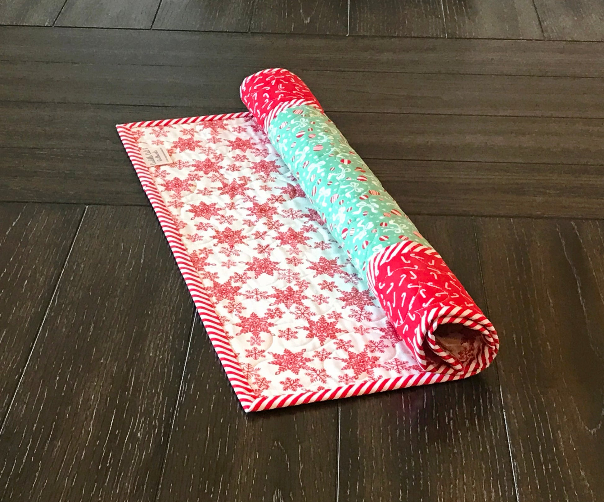 Red and Green Candy Cane Christmas Table Topper with Peppermint Striped Border 20.5" X 20.5" - Handmade Quilts, Digital Patterns, and Home Décor items online - Cuddle Cat Quiltworks