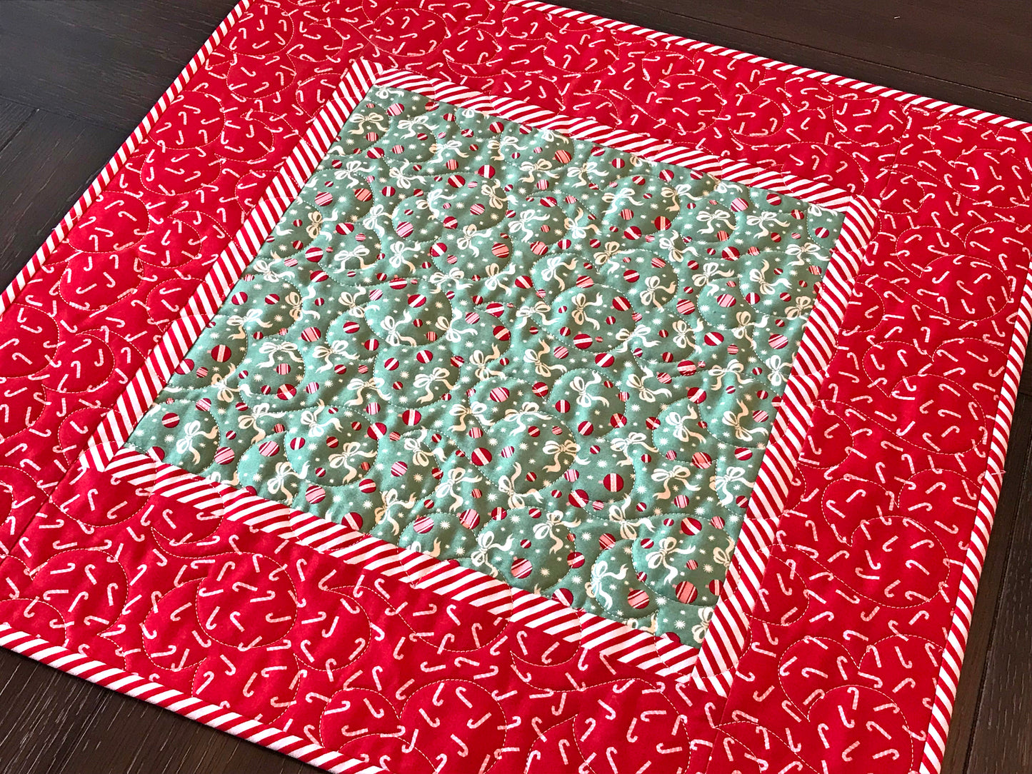 Red and Green Candy Cane Christmas Table Topper with Peppermint Striped Border 20.5" X 20.5" - Handmade Quilts, Digital Patterns, and Home Décor items online - Cuddle Cat Quiltworks