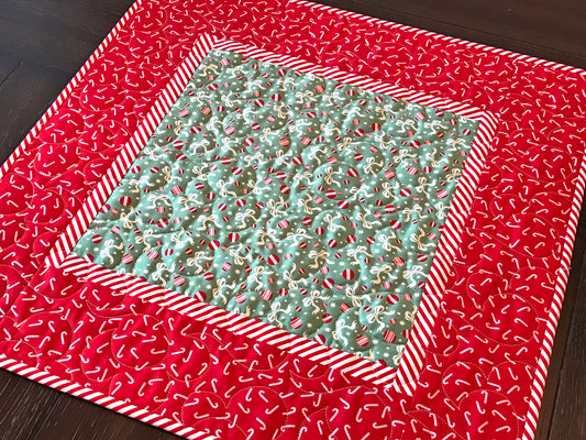 Red and Green Candy Cane Christmas Table Topper with Peppermint Striped Border 20.5" X 20.5" - Handmade Quilts, Digital Patterns, and Home Décor items online - Cuddle Cat Quiltworks