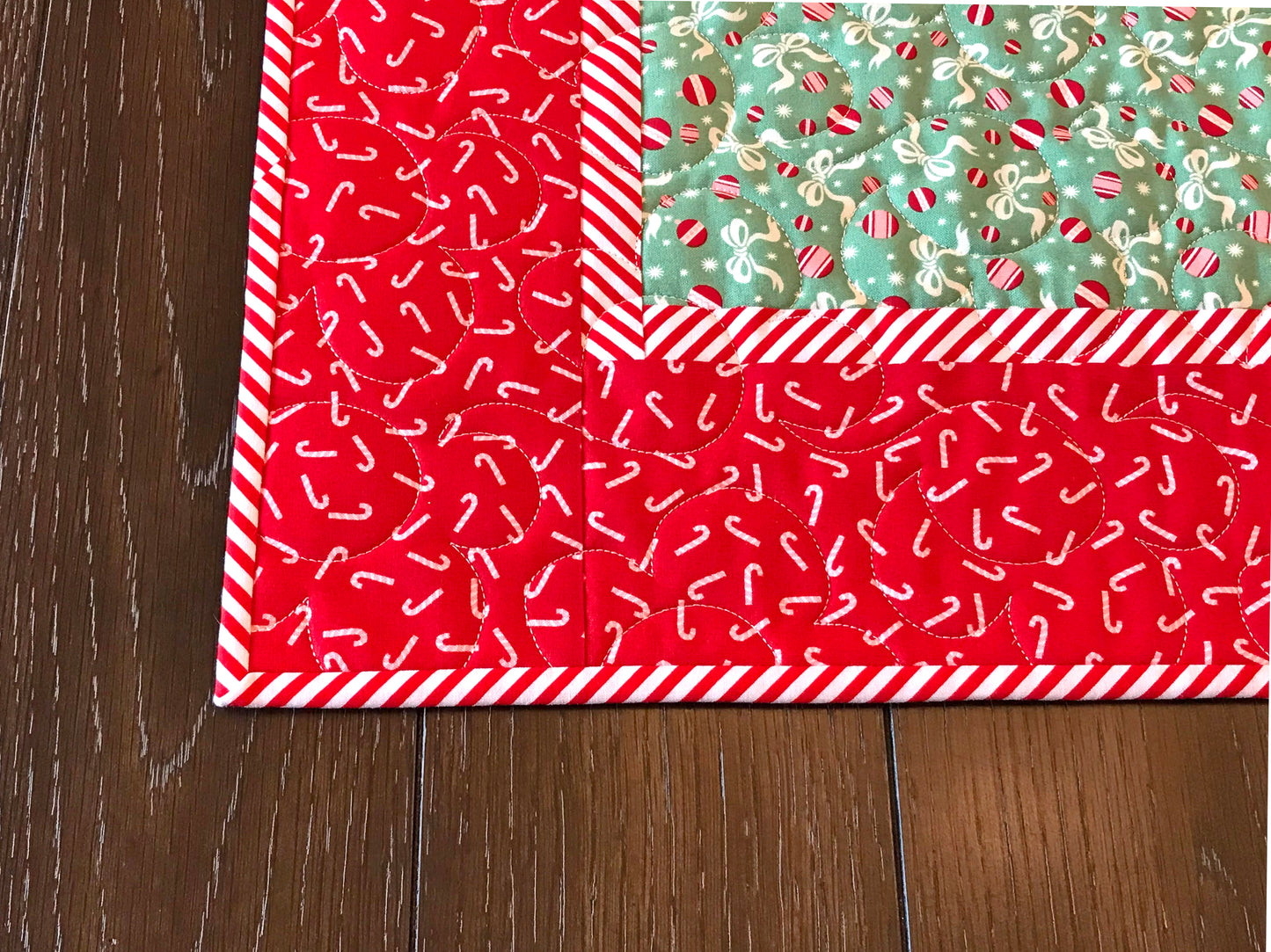 Red and Green Candy Cane Christmas Table Topper with Peppermint Striped Border 20.5" X 20.5" - Handmade Quilts, Digital Patterns, and Home Décor items online - Cuddle Cat Quiltworks