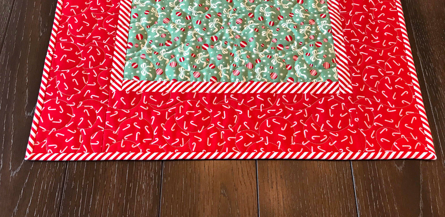 Red and Green Candy Cane Christmas Table Topper with Peppermint Striped Border 20.5" X 20.5" - Handmade Quilts, Digital Patterns, and Home Décor items online - Cuddle Cat Quiltworks