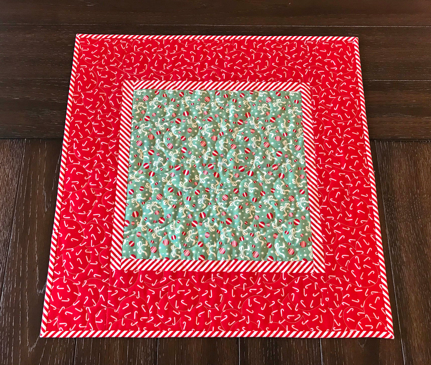 Red and Green Candy Cane Christmas Table Topper with Peppermint Striped Border 20.5" X 20.5" - Handmade Quilts, Digital Patterns, and Home Décor items online - Cuddle Cat Quiltworks