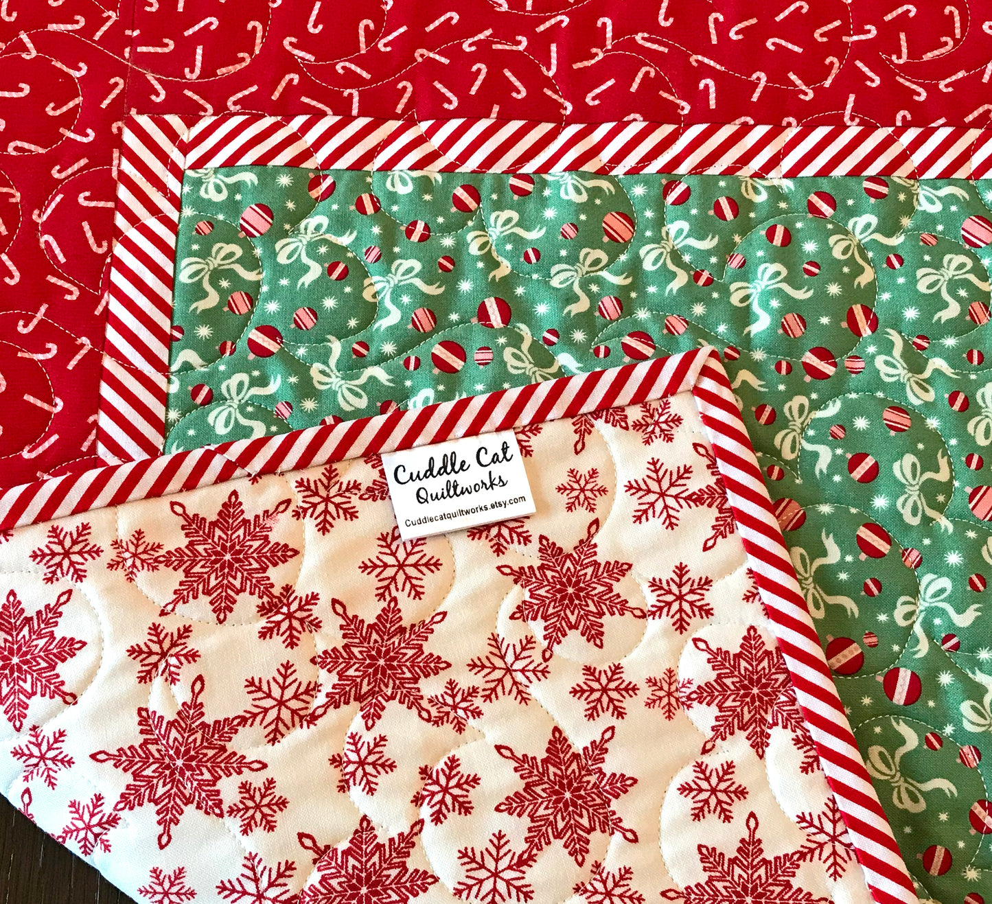 Red and Green Candy Cane Christmas Table Topper with Peppermint Striped Border 20.5" X 20.5" - Handmade Quilts, Digital Patterns, and Home Décor items online - Cuddle Cat Quiltworks