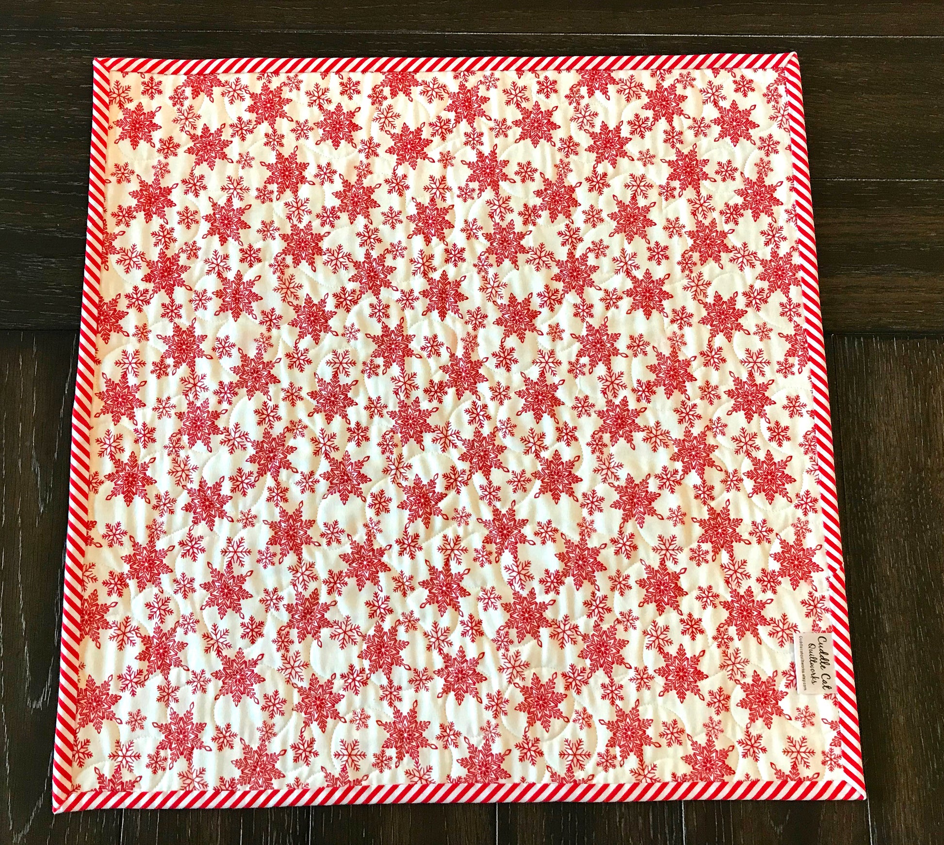 Red and Green Candy Cane Christmas Table Topper with Peppermint Striped Border 20.5" X 20.5" - Handmade Quilts, Digital Patterns, and Home Décor items online - Cuddle Cat Quiltworks
