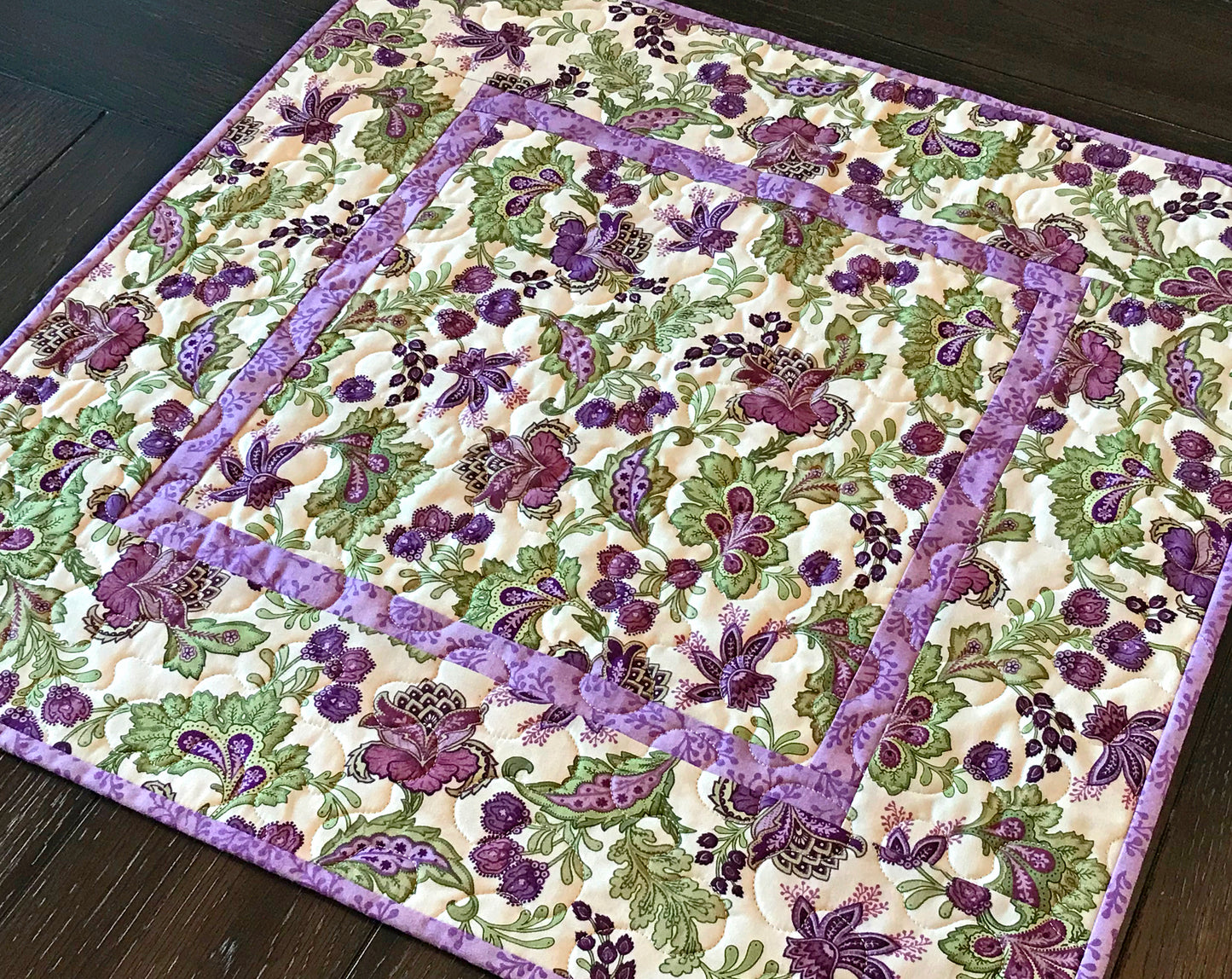 Purple and Green Jacobean Floral Table Topper - Handmade Quilts, Digital Patterns, and Home Décor items online - Cuddle Cat Quiltworks