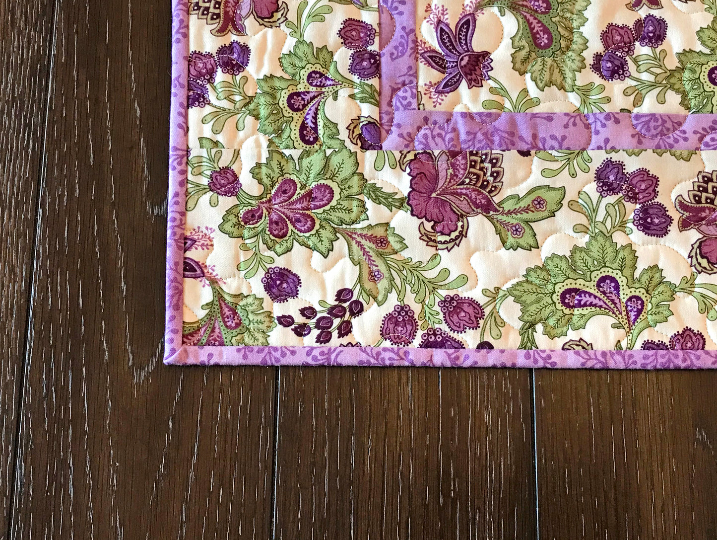 Purple and Green Jacobean Floral Table Topper - Handmade Quilts, Digital Patterns, and Home Décor items online - Cuddle Cat Quiltworks