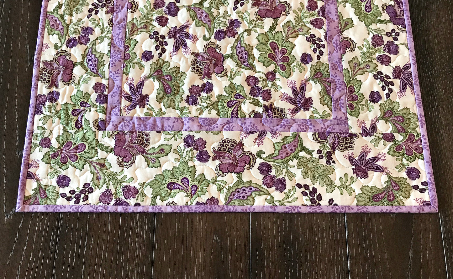 Purple and Green Jacobean Floral Table Topper - Handmade Quilts, Digital Patterns, and Home Décor items online - Cuddle Cat Quiltworks