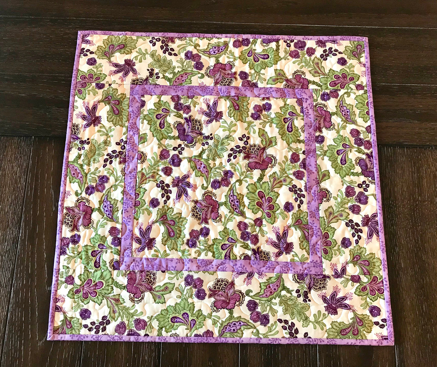 Purple and Green Jacobean Floral Table Topper - Handmade Quilts, Digital Patterns, and Home Décor items online - Cuddle Cat Quiltworks