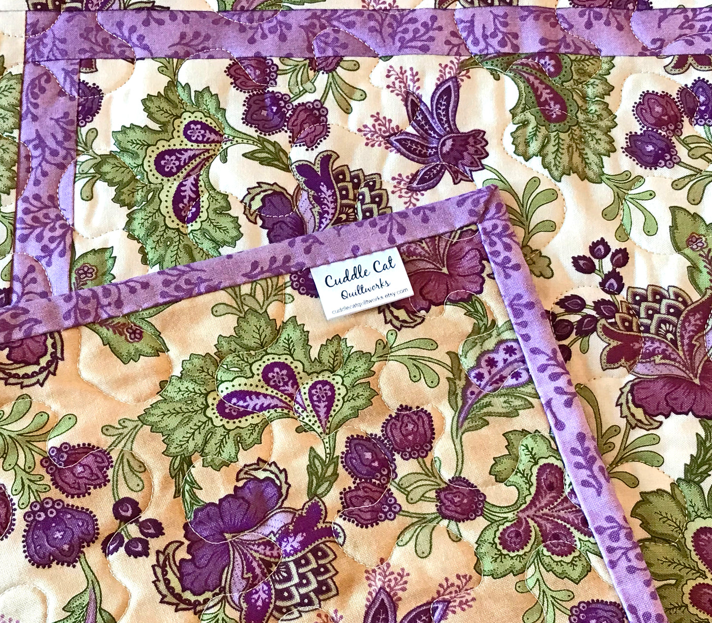 Purple and Green Jacobean Floral Table Topper - Handmade Quilts, Digital Patterns, and Home Décor items online - Cuddle Cat Quiltworks