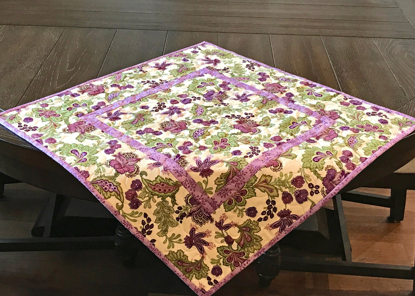 Purple and Green Jacobean Floral Table Topper - Handmade Quilts, Digital Patterns, and Home Décor items online - Cuddle Cat Quiltworks